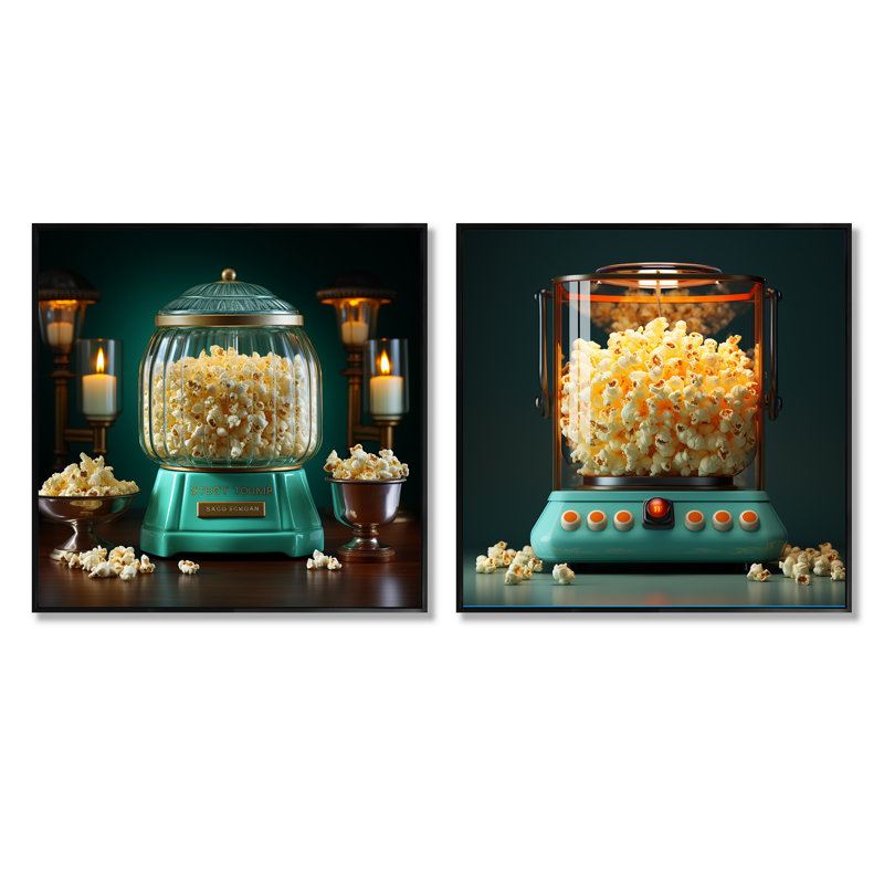 Éclat rétro Popcorn Embrace - ensemble de collage popcorn carré de 2, Cadre flottant noir, H 16 po x l 33 po