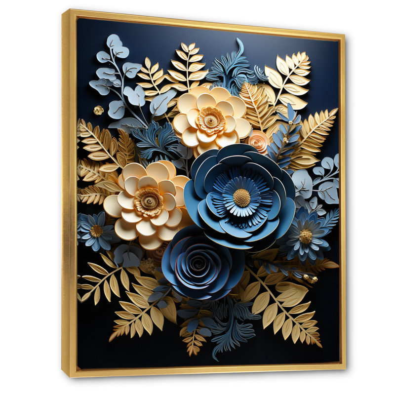 «Feena Blue Ferns Indigo Tranquility Papercut I», reproduction sur toile, H 32 po x l 16 po x P 1 po, Cadre flottant doré
