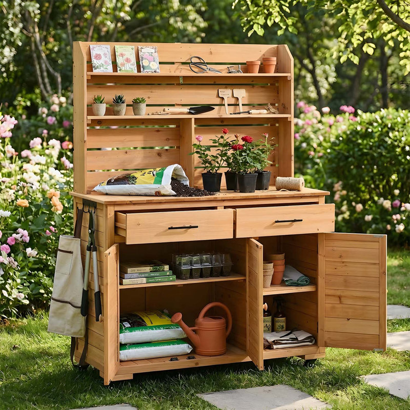Chariot pour îlot de cuisine avec roulettes verrouillables Garden, Bois naturel