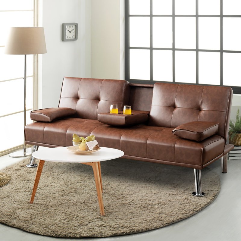 Maggie Twin 66'' Faux Leather Convertible Sofa, Brown Faux Leather