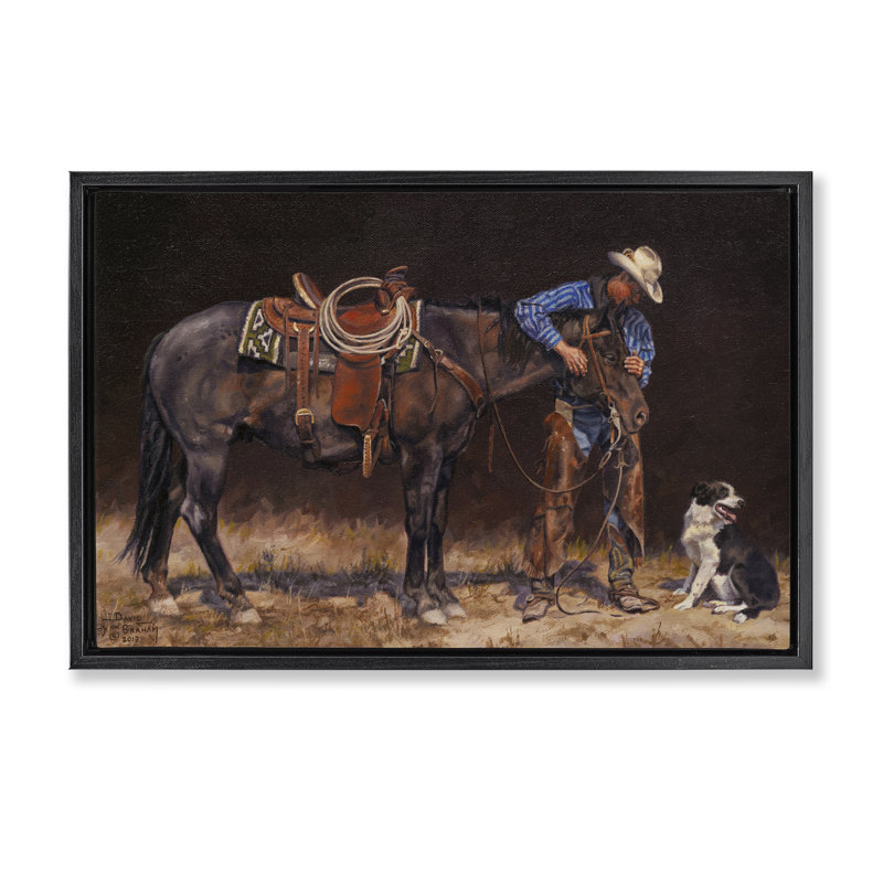 «Western Horse & Dog» par David Graham, Cadre flottant noir de jais, H 21 po x l 31 po