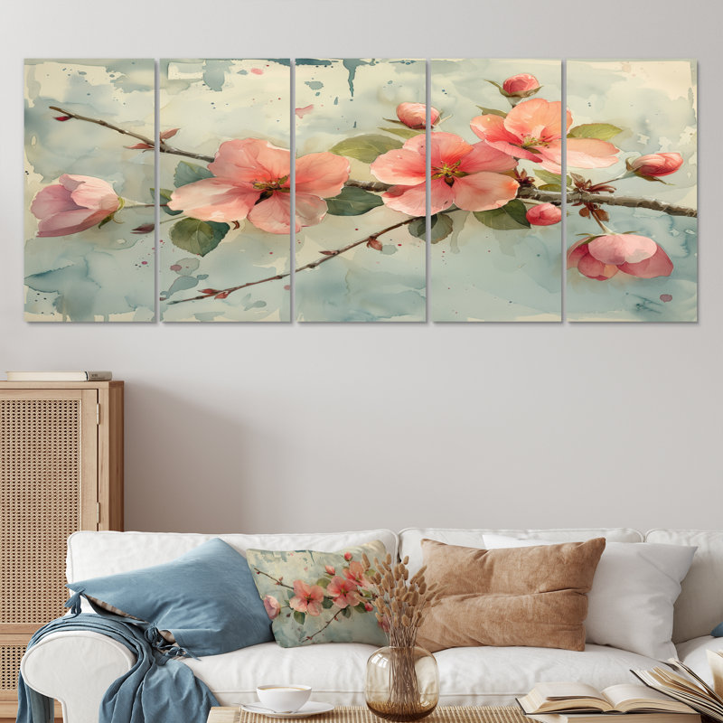 «Pink Apple Blossom Delicate Bloom», ensemble d'art sur toile, H 32 po x l 80 po