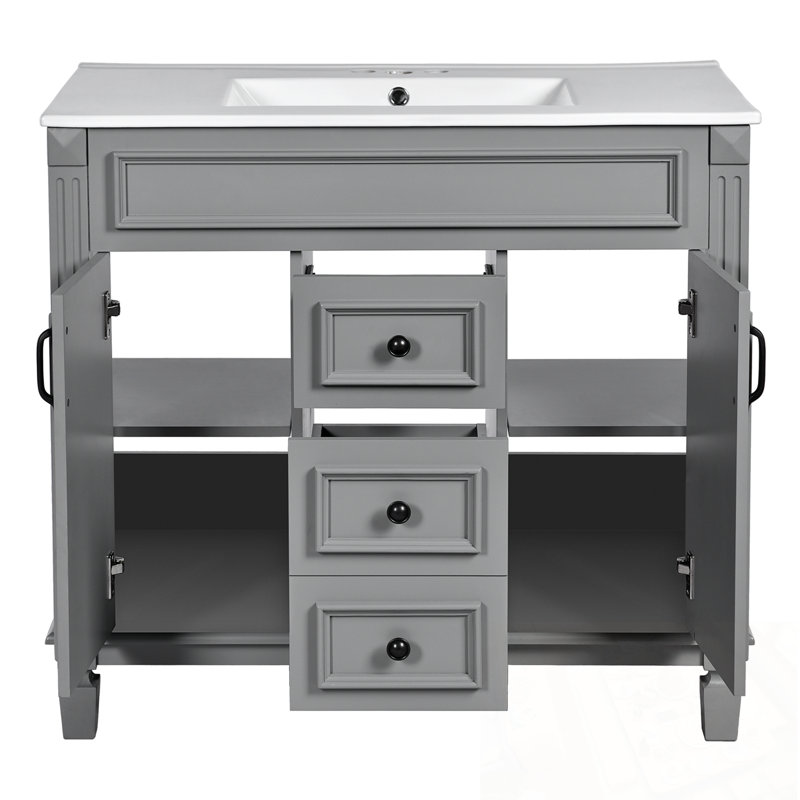 Meuble-lavabo de salle de bain avec lavabo supérieur, 2 portes à fermeture douce et 2 tiroirs, Gris