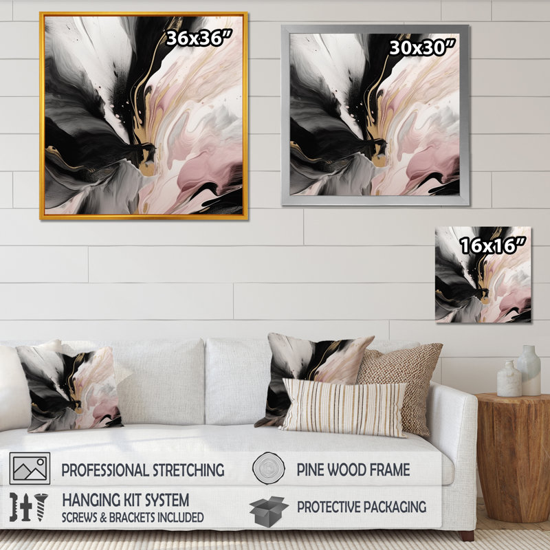 Impression sur toile abstraite rose et or rose, Cadre photo noir, H 16 po x l 16 po x P 1 po