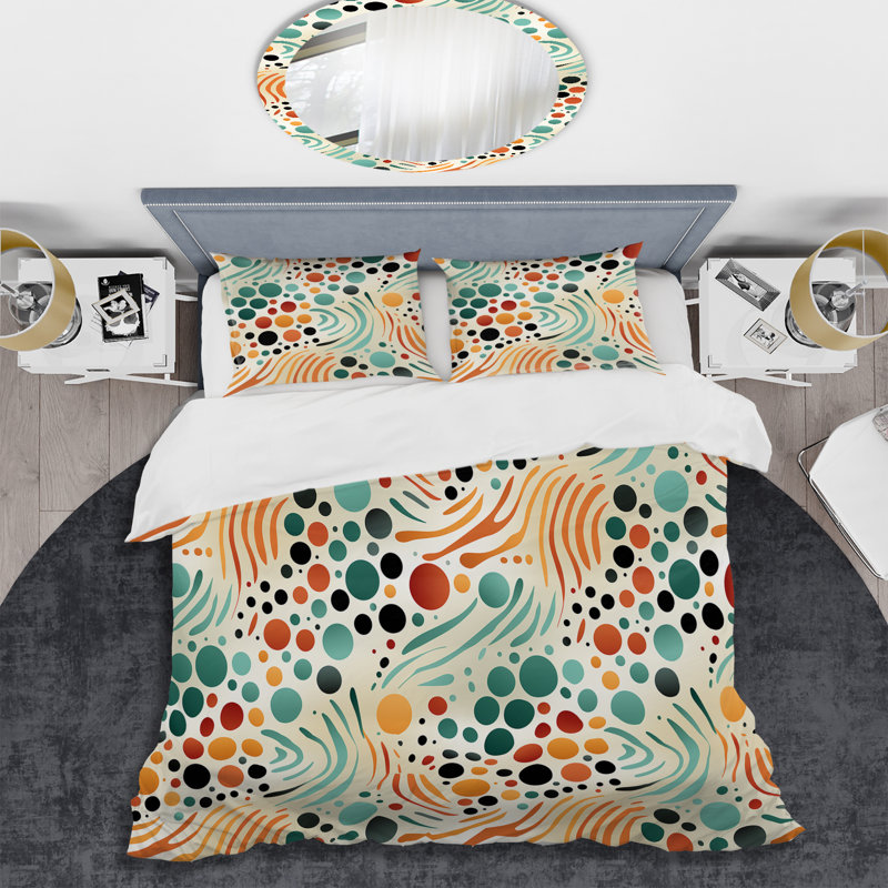 Multicolor Mid Century Pattern On Beige Dots Duvet Cover, Twin Duvet Cover + 1 Standard Sham
