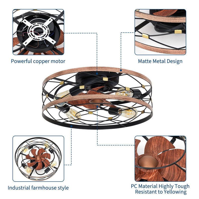 19" Caged Ceiling Fan with Light & Remote, 6-Speed Reversible Motor, Timer Setting, Flush Mount for Bedroom & Kitchen