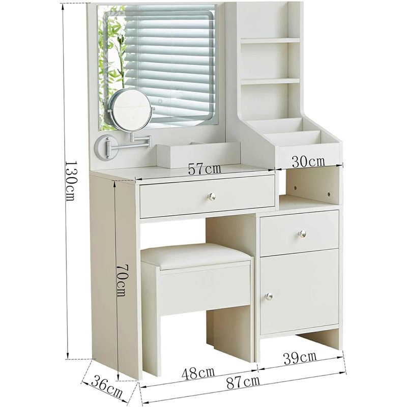 Demri Modern Dressing Table with Led Mirror, 2 Drawers and 6 Shelves