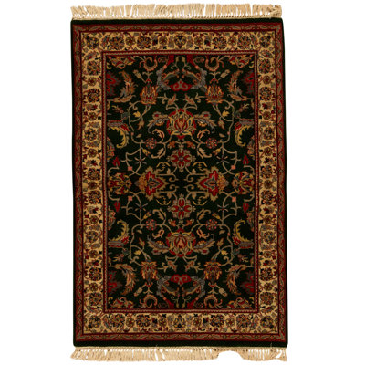 Hand Knotted Wool Area Rug in Dark Green And Ivory