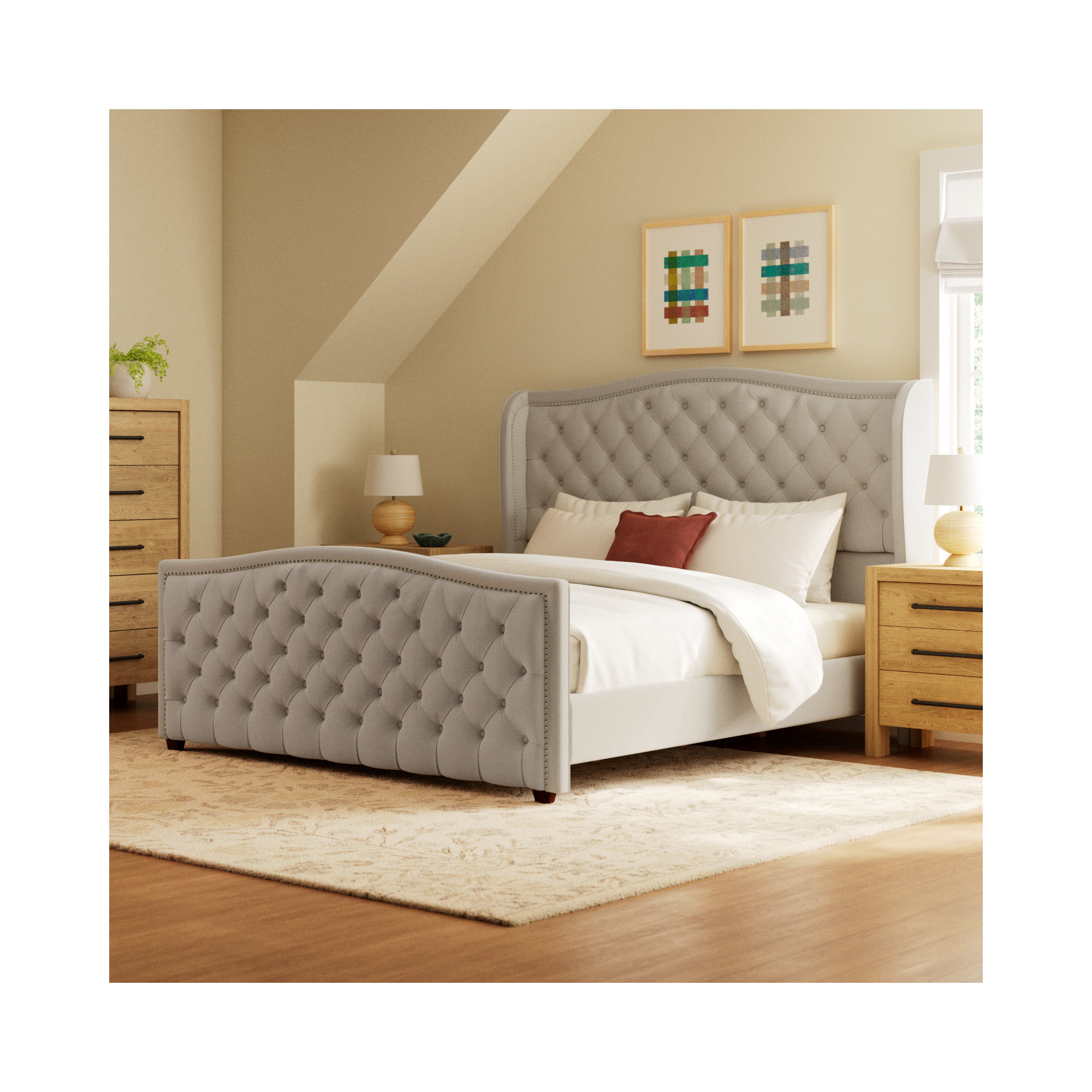 Coleman Upholstered Wingback Bed, Sky Neutral Beige Velvet, King