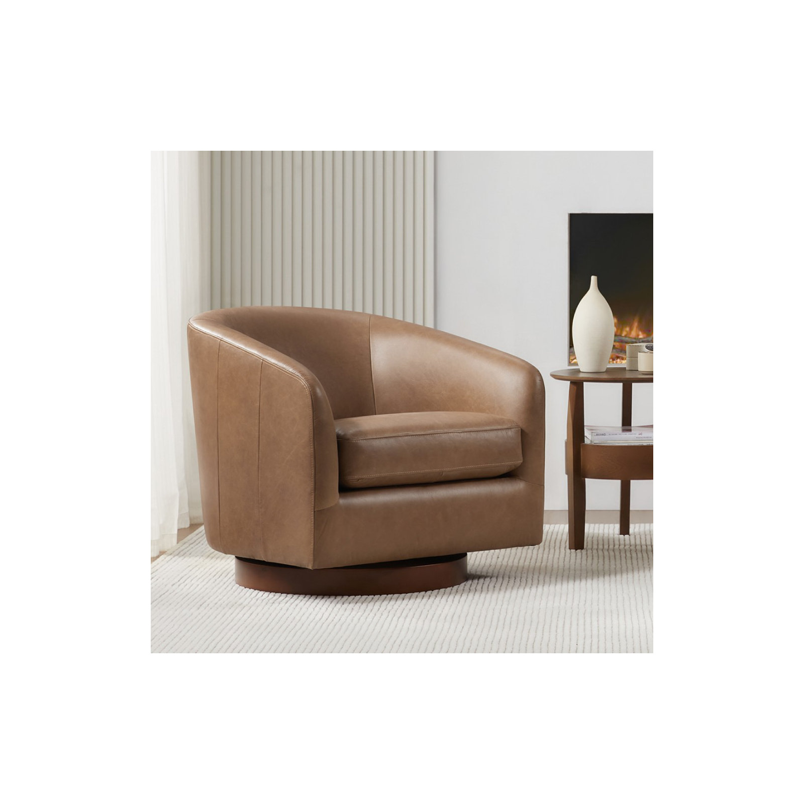 Bennett Genuine Leather Swivel Barrel Chair, Marseille Camel Top Grain Leather