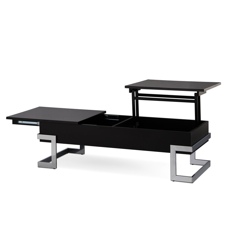 Table basse à finition chromée avec plateau relevable Calmam, Noir ultrabrillant
