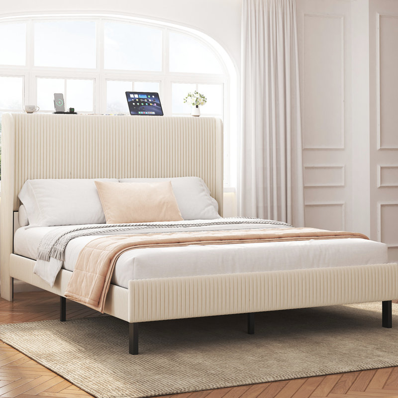 Beige Queen Platform Bed With Ports In Headboard, Metal Construction For Endurance, Simple Installation, No Box Spring Required, Frame Size Heavy - Duty Sturdiness, To Install, Needed, Stable Support