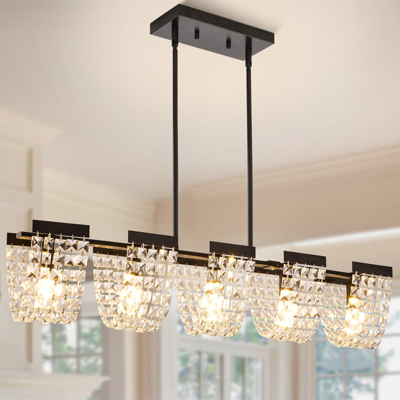 Lustre rectangulaire en cristal à 5 lumières de style campagne moderne, Noir mat