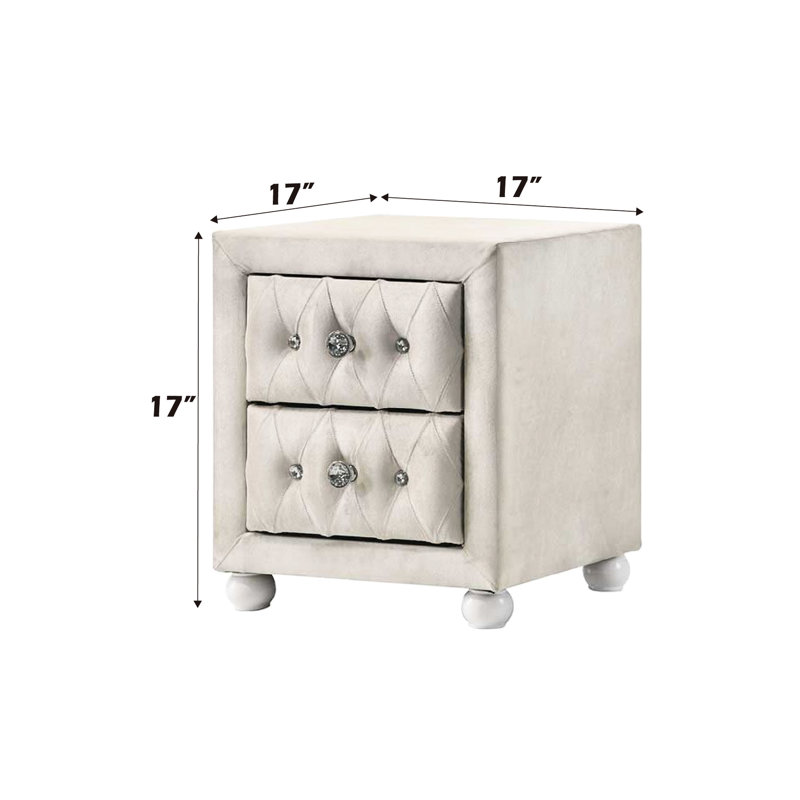 Table de chevet en tissu beige, 2 tiroirs en bois et glissières latérales en métal avec extension 3/4, fonction d'arrêt, taille de 17,25 po, capacité de 80 lb, table de chevet en mousse, conception de tiroir, largeur,