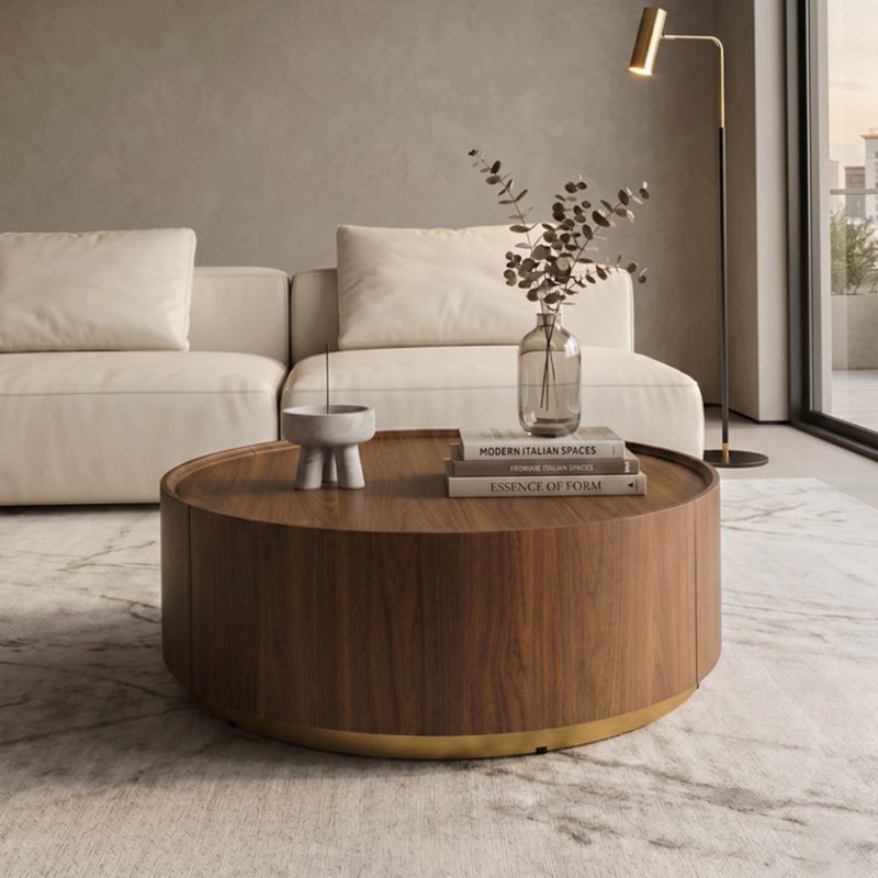 Table basse ronde moderne 39,37 po avec 2 tiroirs de rangement cachés Henilen