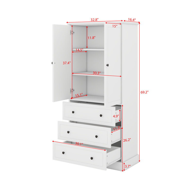 Storage Cabinet With Three Drawers And Two Doors, Adjustable Shelf