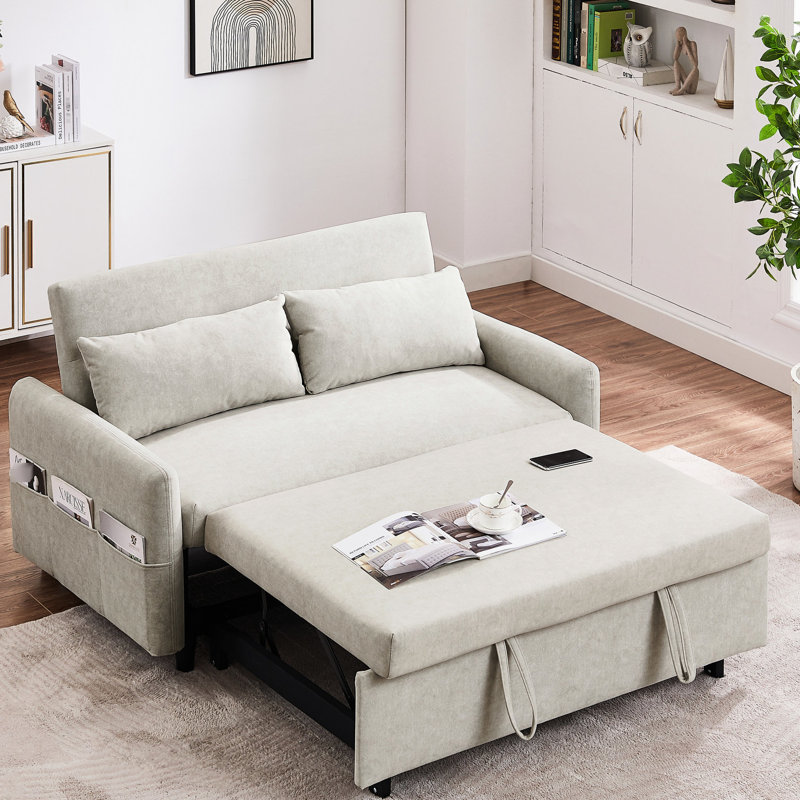 2 cadres de lit escamotables réglables, 2 ports, poches de rangement et 2 coussins - aspect beige pour appartement, Beige
