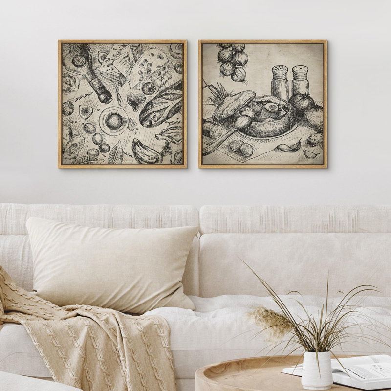 "Croquis de cuisine rétro, illustrations culinaires rustiques, art moderne minimaliste" - 2 pièces, H 24 po x l 24 po
