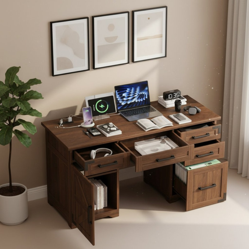 Bureau de direction Farmhouse avec station de charge, tiroir classeur, 4 tiroirs et armoire de rangement, Brun