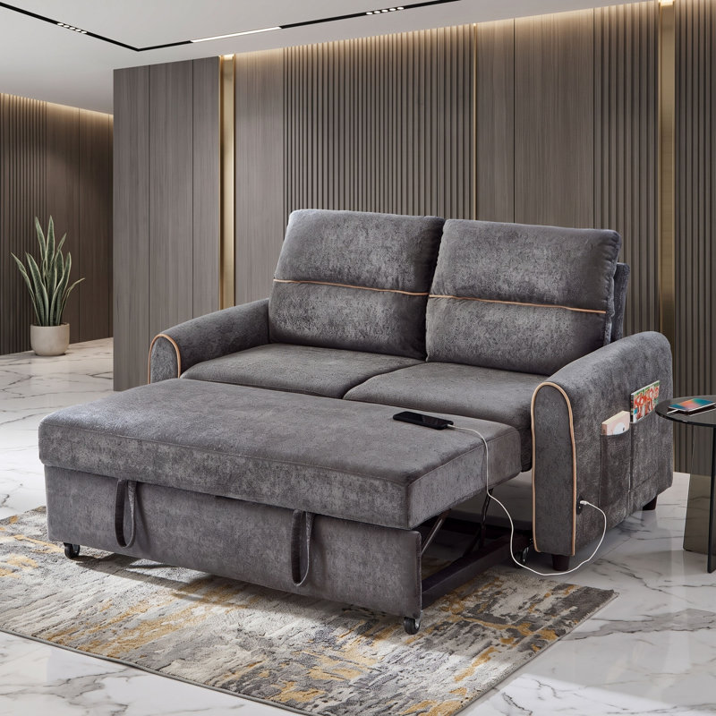 Canapé-lit en chenille convertible avec ports USB, Gris