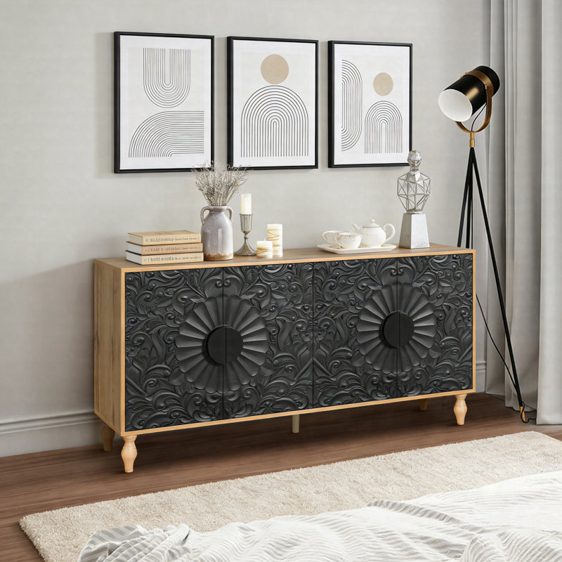 Vintage Carved Door TV Stand Cabinet With Adjustable Shelves, Multi-Functional Media Storage Console, Natural