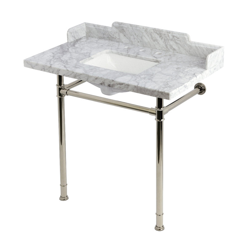 Kingston Brass Wesselman 36-Inch Carrara Marble Console Sink with Stainless Steel Legs (8-Inch, 3-Hole), Polished Nickel