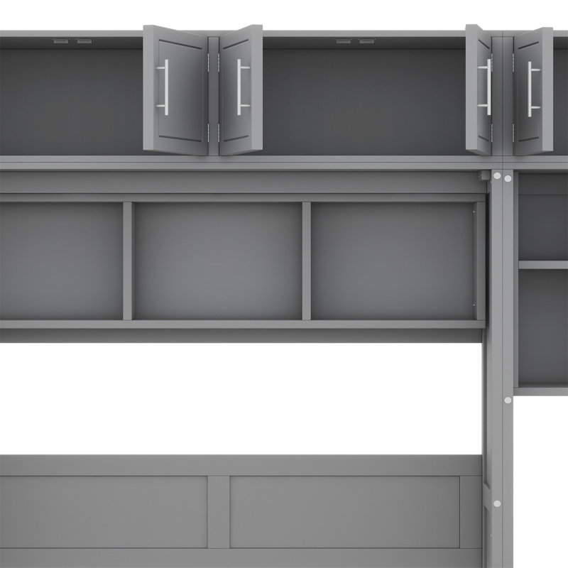 Lit escamotable mural avec bureau, armoire supérieure et tablettes de rangement, lit pliable peu encombrant, Grand, gris