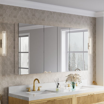 64''W X 32" H Recessed Or Surface Wall Mount Bathroom Mirror Medicine Cabinet Combo With Adjustable Glass Shelves