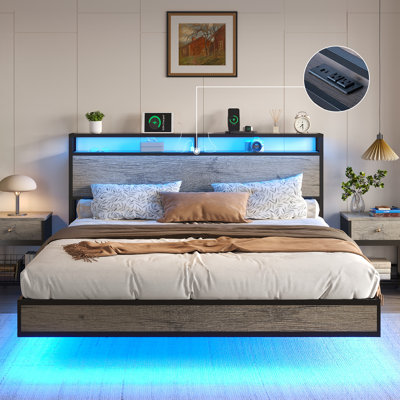 Khemis Floating Bed Frame with LED Lights and  Charging Station