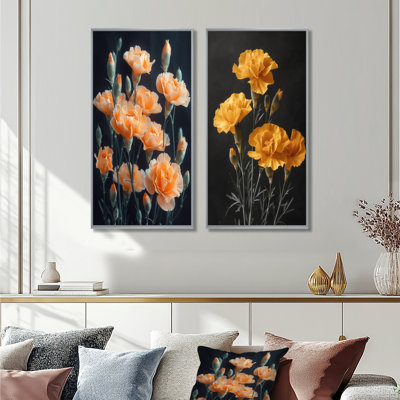 Monochromes jaunes et noirs, œillets, photo I, œillets, art mural, ensemble de 2 pièces