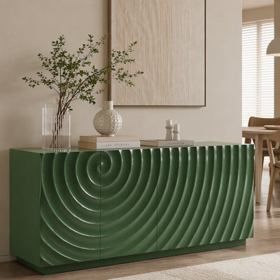 Buffet/meuble console de style moderne du milieu du siècle, 150 cm (59 po) de hauteur, avec 4 portes et aménagement extérieur. Meuble de bout vert. Meuble de rangement/meuble multimédia/console pour l'entrée, le salon ou la salle à manger.