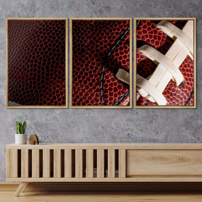 Close Up Football Stitching Details Sports & Fitness, Athletes Photography, Pop Modern Boy's Bedroom Realism Pictures, Giclee Canvas Digital Print Framed Wall Art