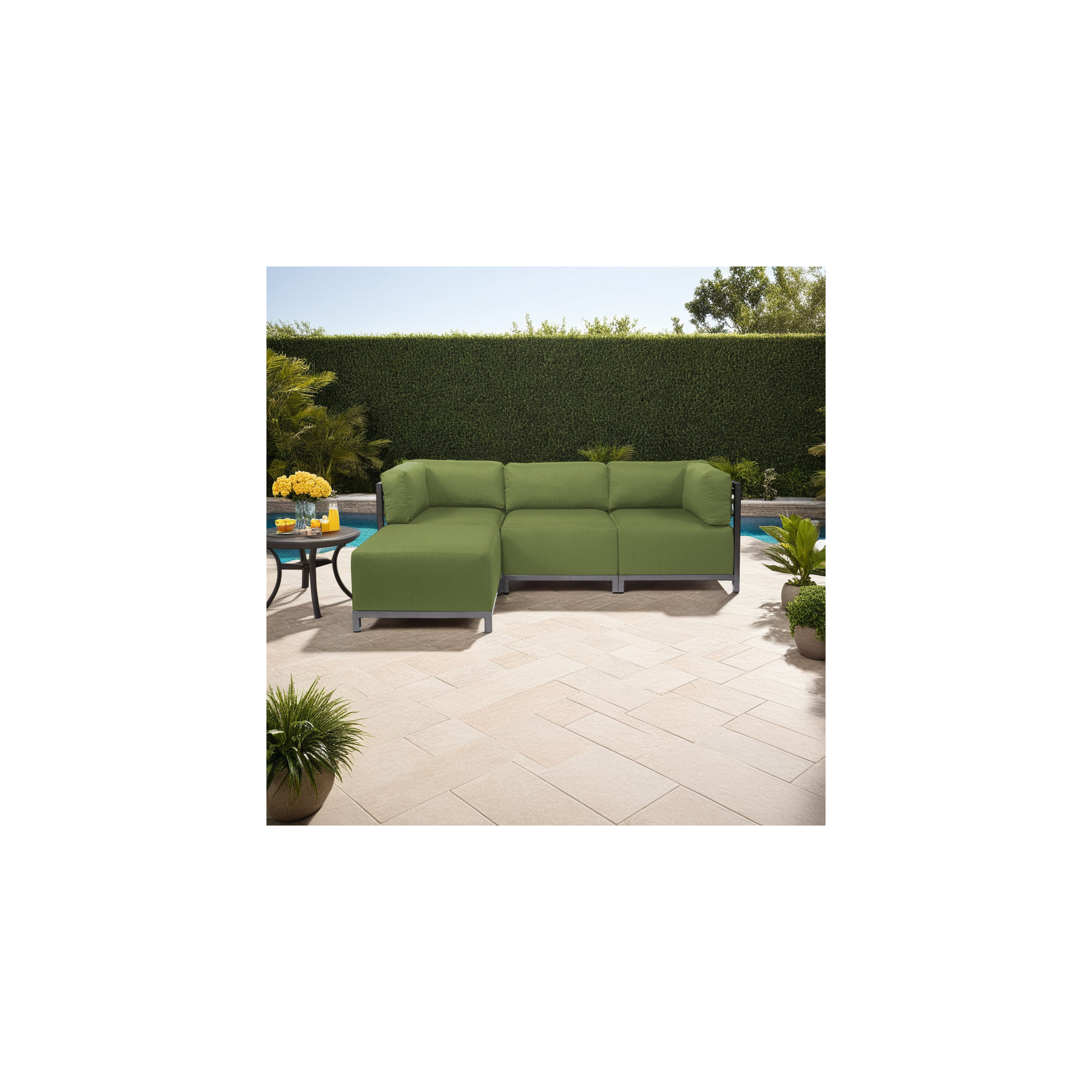 Olen 95.5'' Wide L-Shaped Steel Patio Sectional with Cushions, Moss Sunbrella, Titanium