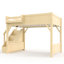 Lit mezzanine pleine grandeur en bois massif avec abat-jour naturel, garde-robe, rangement, garde-corps, escaliers et tablettes de rangement, garde-corps stable