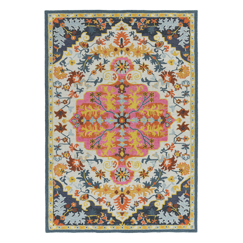 Adcox Hand Tufted Wool Blue/Pink/Grey Rug, Rectangle 120 x 170cm