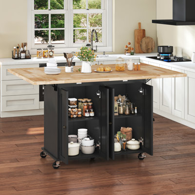 Îlot de cuisine roulant de 62,8 po avec comptoir en bois d'hévéa rabattable, chariot de cuisine mobile avec armoire de rangement et roulette verrouillable, station de préparation de cuisine pliable peu encombrante pour la salle à manger, appartement