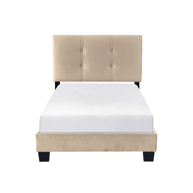 Lit plateforme simple en bois massif avec revêtement en velours brun et revêtement de lattes