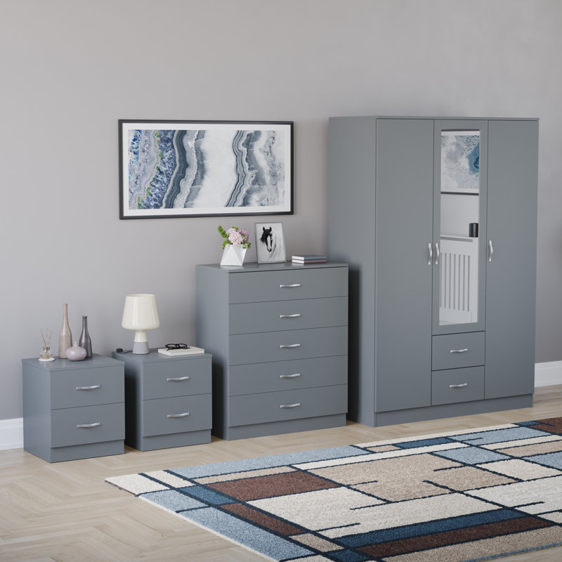 Tayce 4 Piece Bedroom Set (2 Drawer Bedside Chest X2, 5 Drawer Chest, 3 Door 2 Drawer Mirrored Wardrobe), Grey