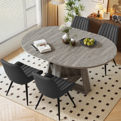 Fecteau Round To Oval Expandable Dining Table & Chairs Set, Space-Saving Dining Table With Hidden Storage Shelf, Includes 4 Upholstered Chairs