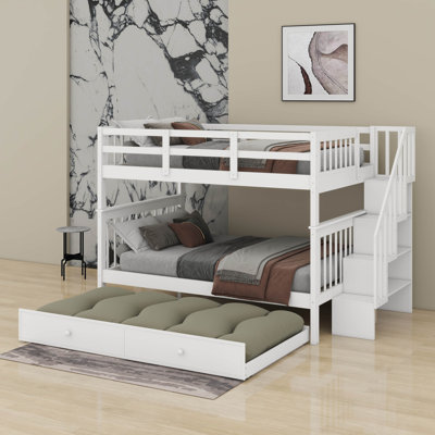 Stairway Full-Over-Full Bunk Bed With Trundle, Storage And Guard Rail