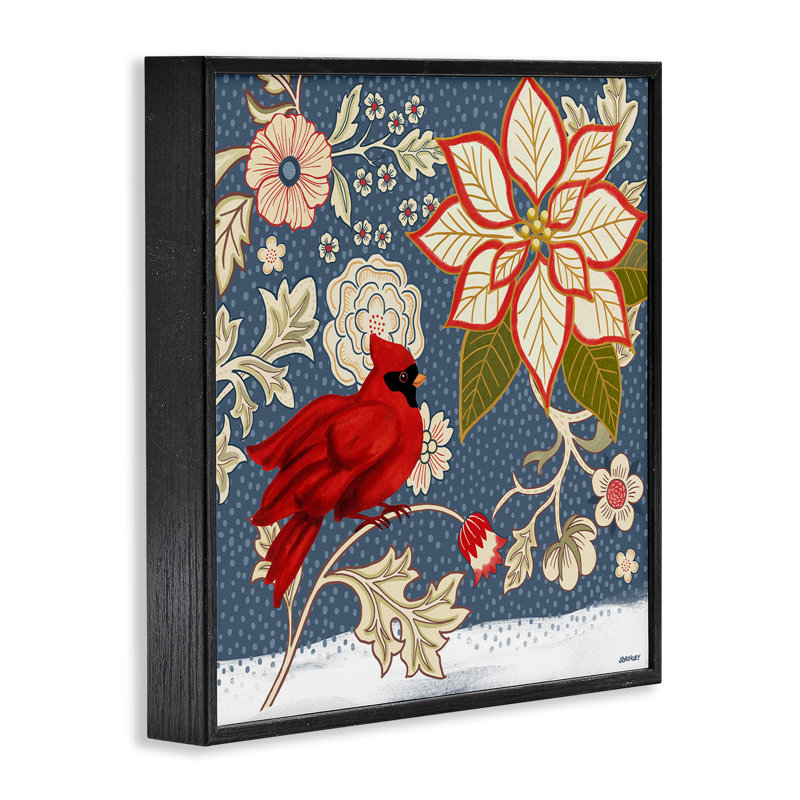 «Winter Cardinal with Flowers», art giclée par Levison Design, H 12 po x l 12 po, Giclée encadrée noir minuit
