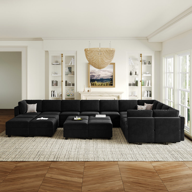Wylodene 116.6'' Wide Velvet Reversible Modular Corner Sectional, Black Velvet