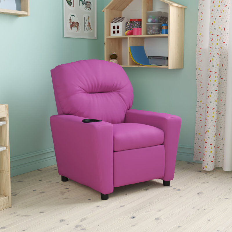 Contemporary Kids Recliner with Cup Holder, Vinyl - Hot Pink
