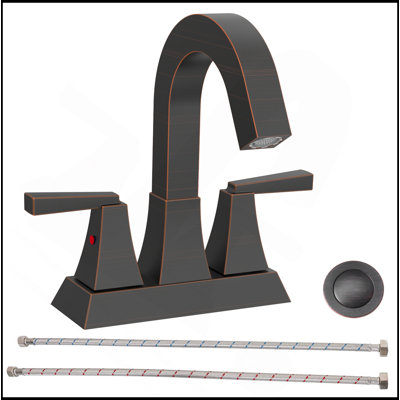 Robinet de lavabo pour salle de bain, bronze huilé, 2 poignées, robinet de salle de bain central à 4 poignées, bonde avec trop-plein et 2 conduites d'alimentation incluses, robinet de lavabo moderne