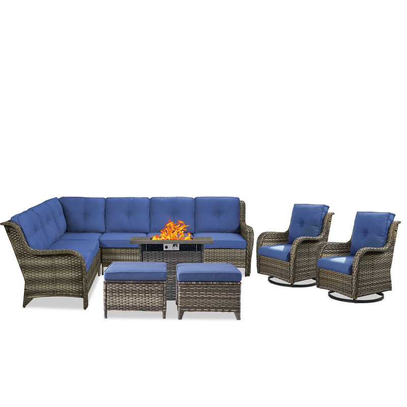Ensemble de conversation pour patio pour 7 personnes Carolina Wicker avec coussins et foyer, Bleu, Gris