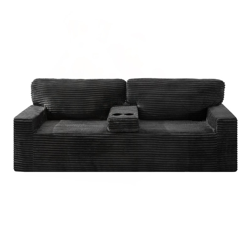 Canapé à compression sans pieds avec porte-gobelets et poche de rangement latérale, Black Corduroy, Noir