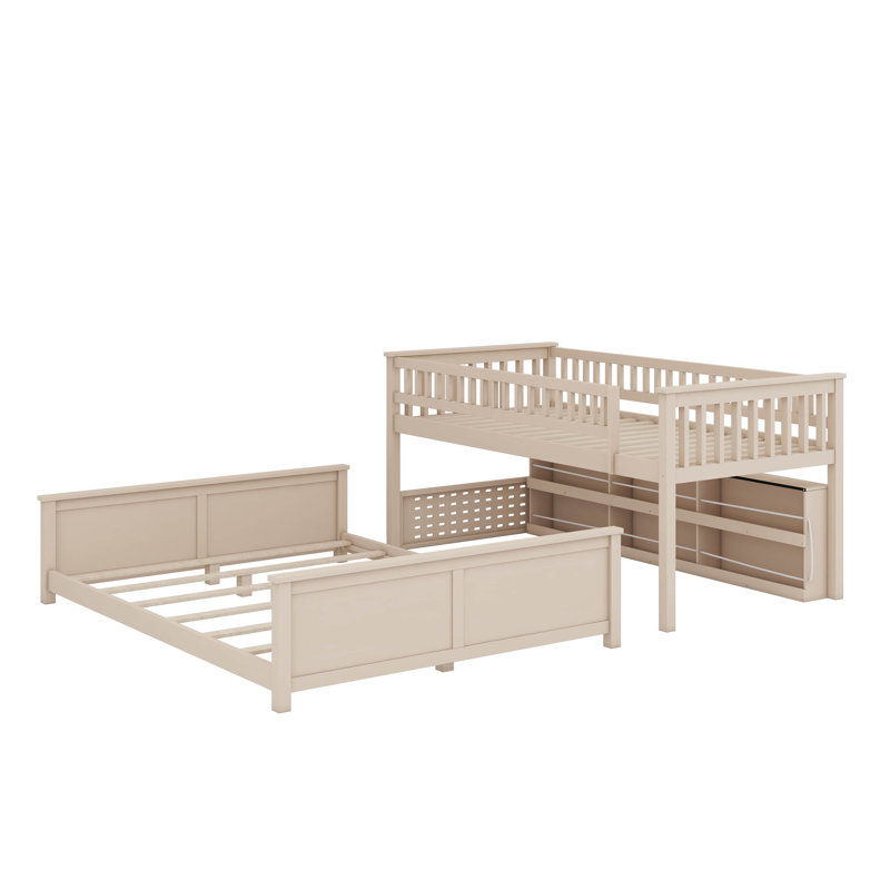 Twin XL Over Queen Bunk Bed With Integrated Shelving, Color-Changing Lights And Pegboard, Beige