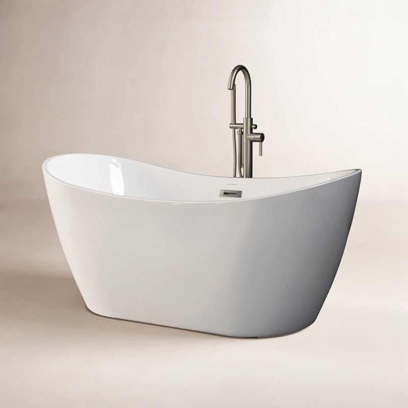 59'' x 29'' Freestanding Soaking Acrylic Bathtub, White, Brushed Nickel