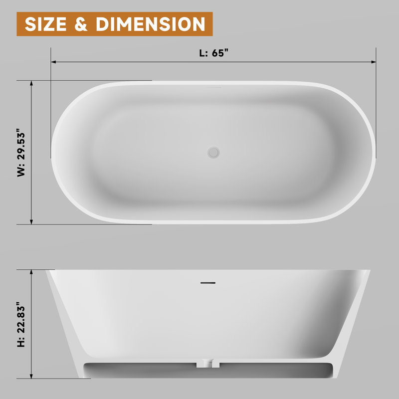 Baignoire de trempage autoportante à surface solide de 65 pouces KAKUSIGA pour salle de bain