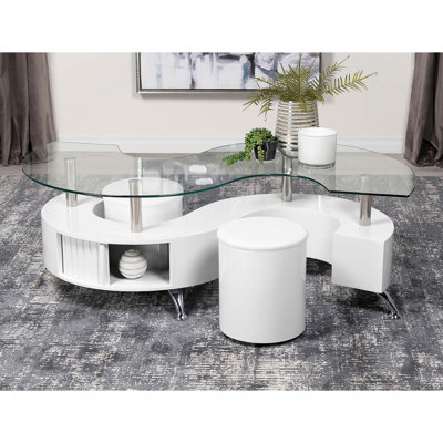 S-Curve Coffee Table Set with Storage and Space-Saving Stools